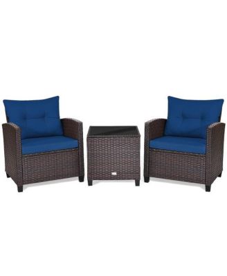 3 Pcs Patio Rattan Furniture Set Cushioned Conversation Set Coffee Table