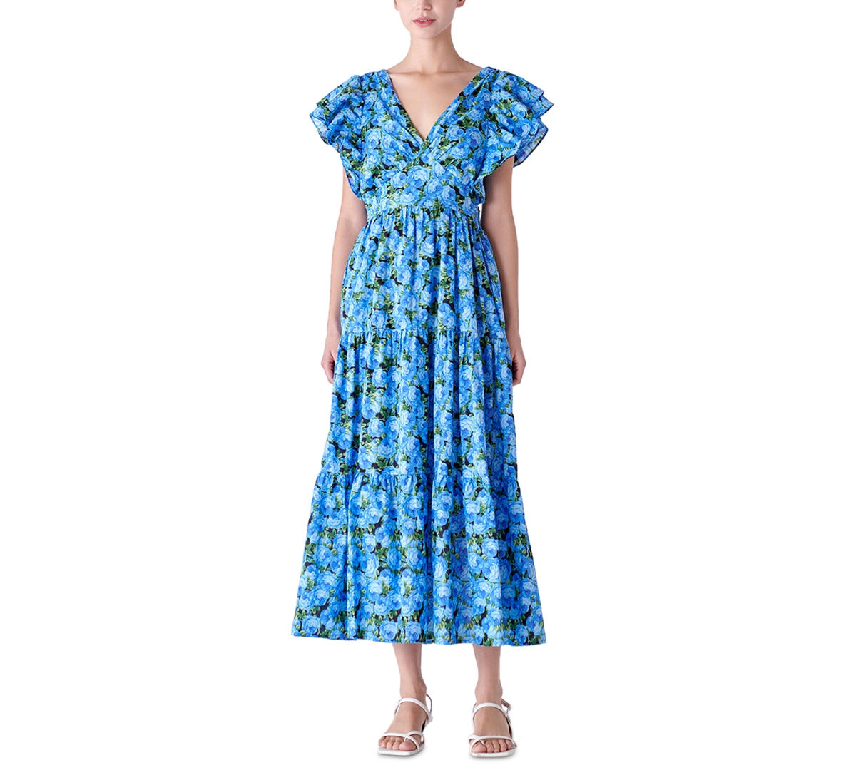 Women's Floral-Print Tiered Flutter-Sleeve Dress - Blue