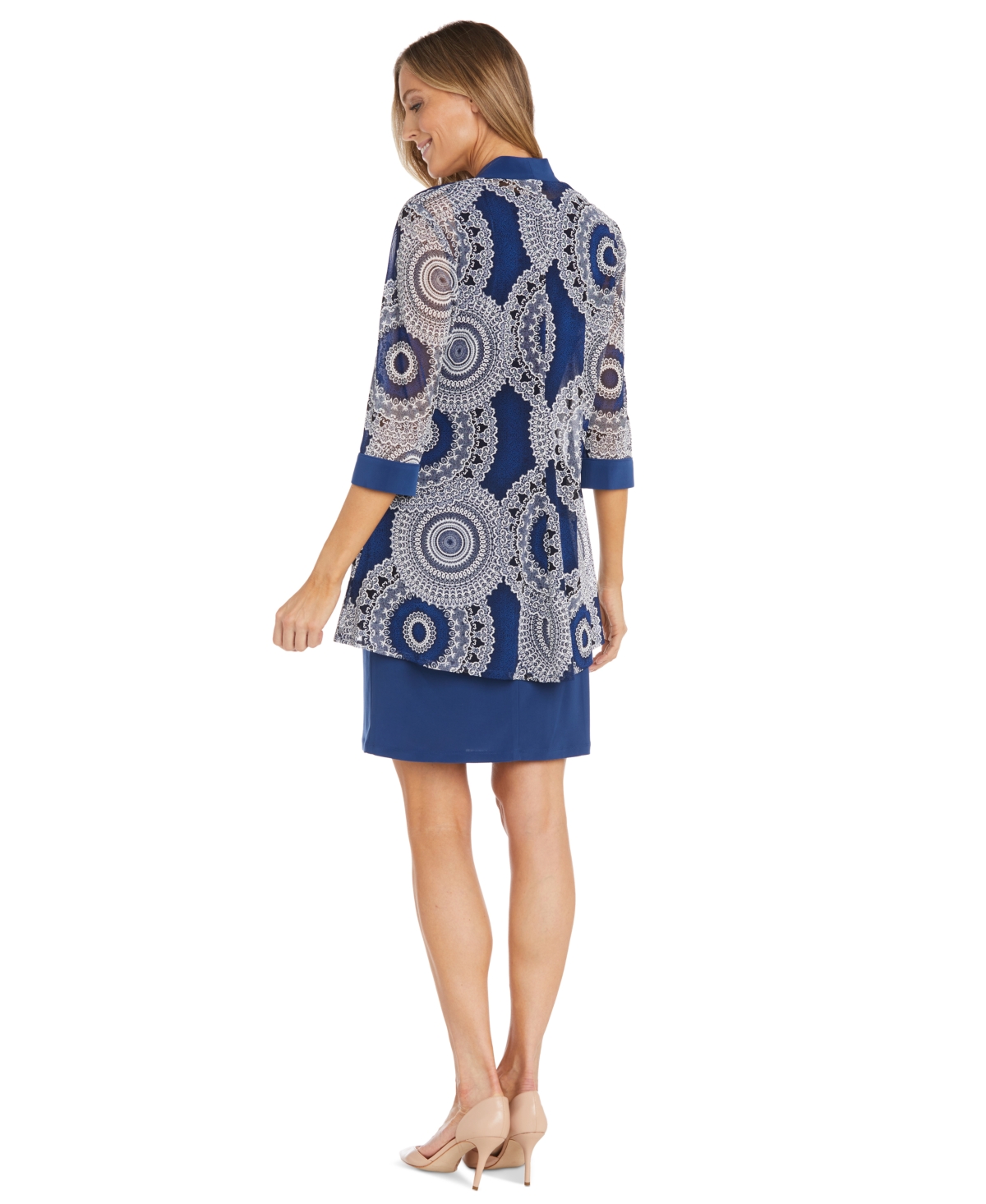 Shop R & M Richards Petite Lace-print Mesh Jacket And Contrast-trim Sleeveless Dress In Denim