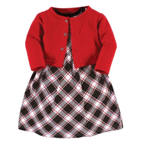 Платье Hudson Baby Quilted Cardigan and Dress для девочек-малышей, цвет: Чёрный красный клетчатый