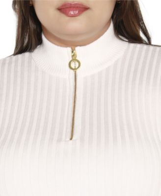 Black Label Plus Size Mock Neck Zip Front Ribbed Short Sleeve Sweater