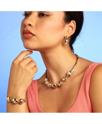 Women's Gold Metallic Circular Necklace, Earrings And Bracelet (Set Of 3)