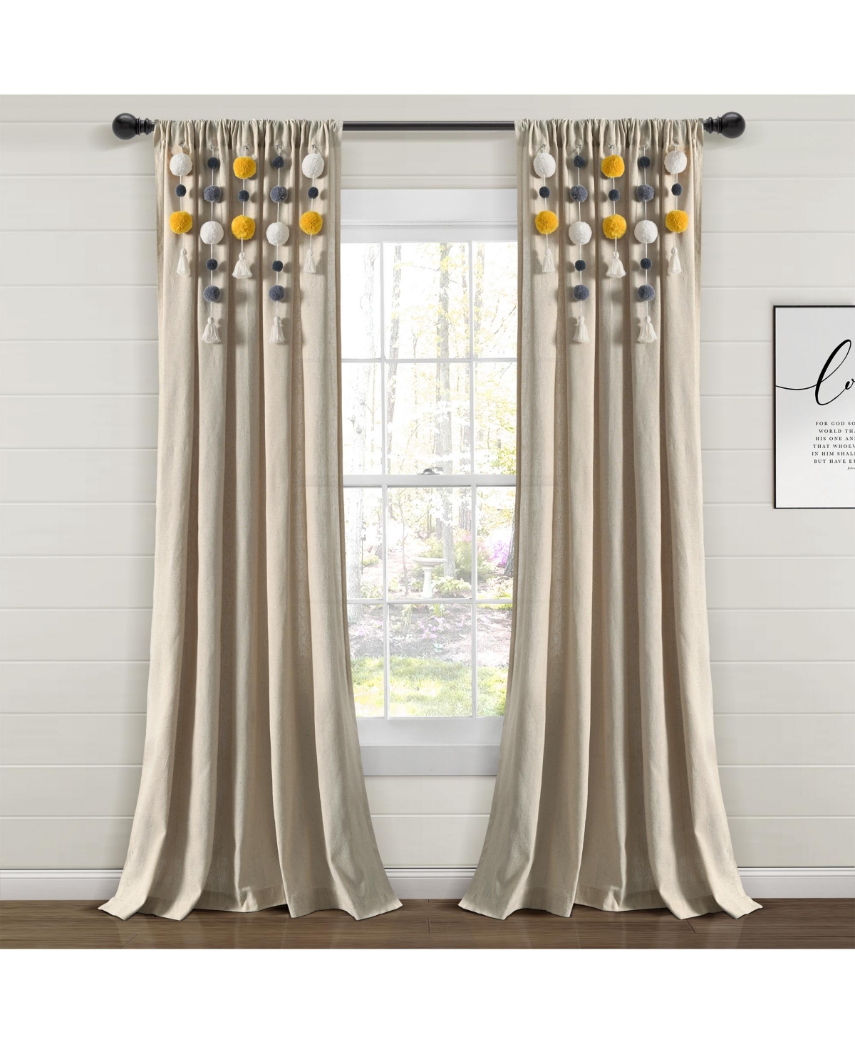 Boho Pom Pom Tassel Linen Window Curtain Panel - Gray