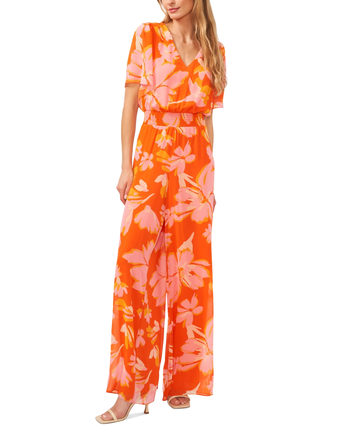 Shop Vince Camuto Women's Floral Smocked Waist Flutter Sleeve V-neck Jumpsuit In Orange Floral