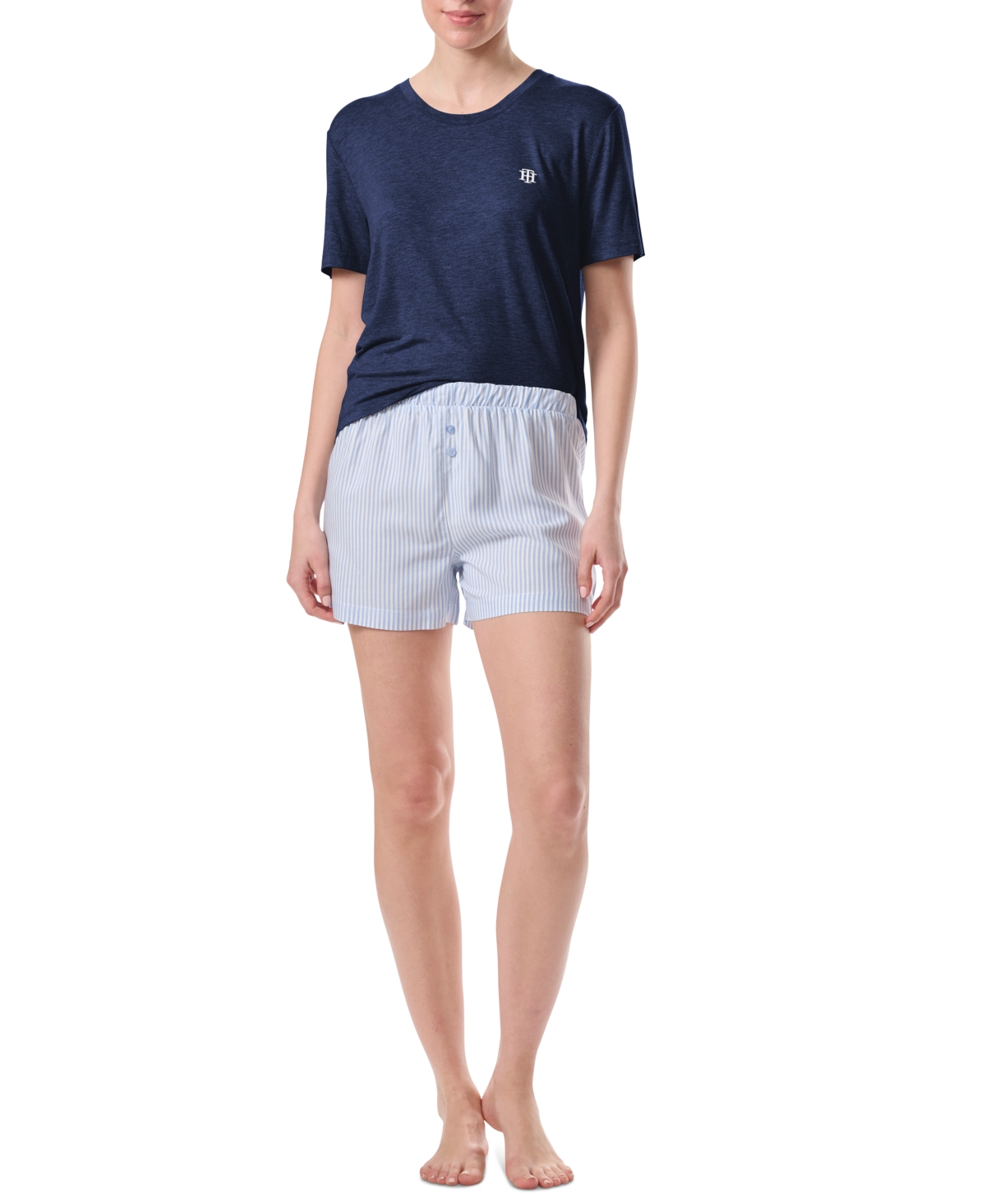 Tommy Hilfiger Women's 2-pc. T-shirt & Boxer Pajamas Set In Navy Sleet Stripe