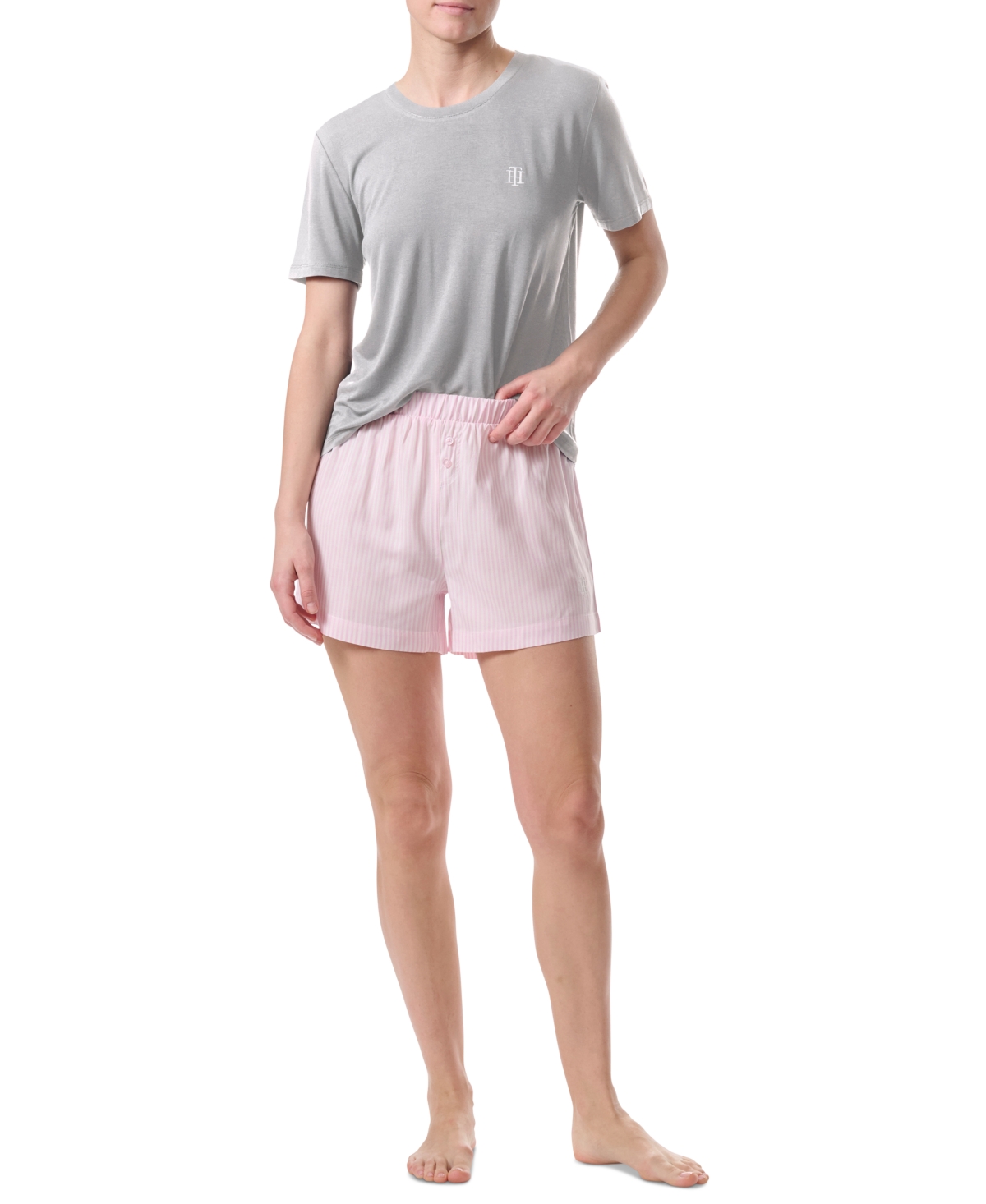 Tommy Hilfiger Women's 2-pc. T-shirt & Boxer Pajamas Set In Heather Grey Stripe
