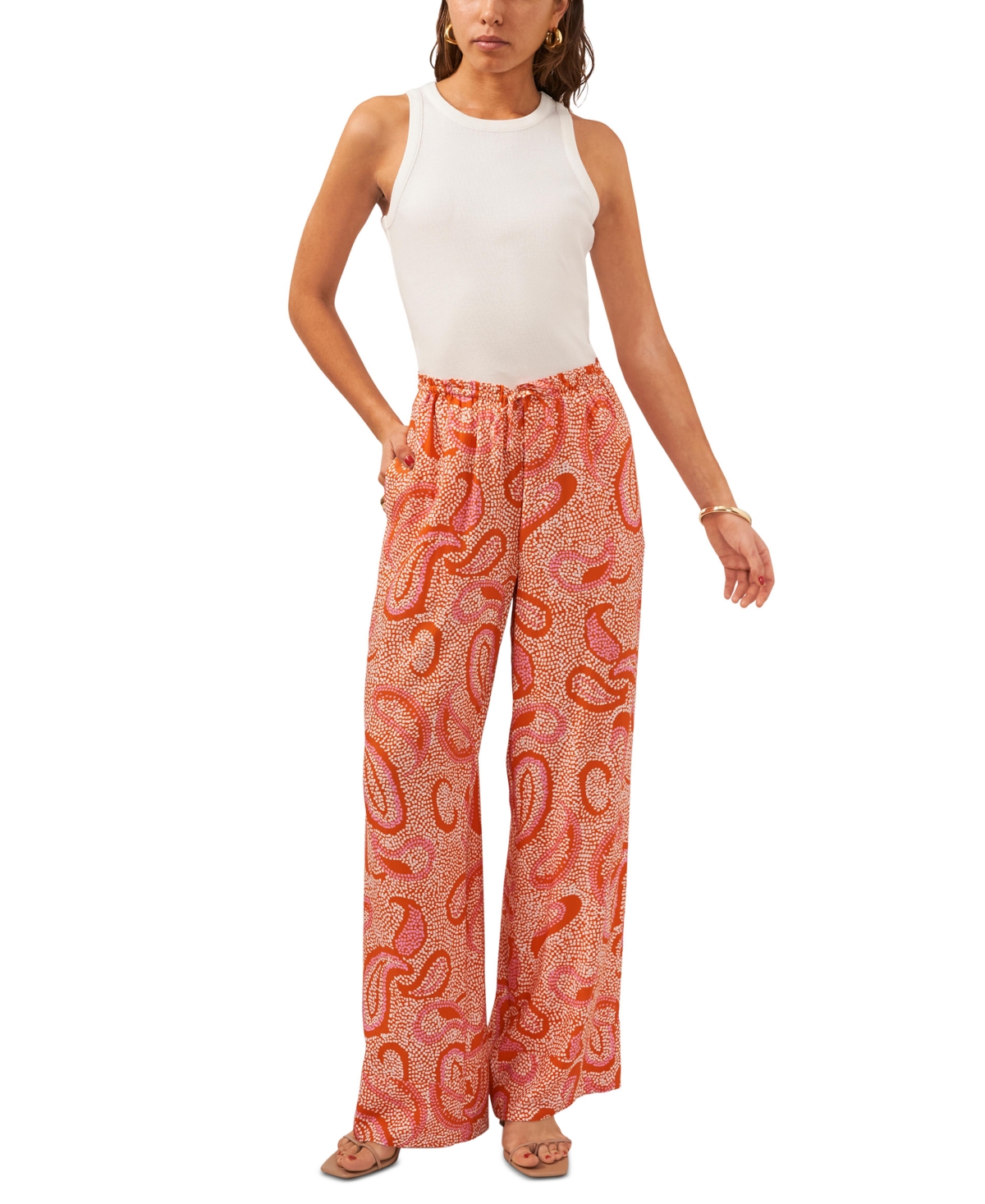 1.state Women's Paisley Print High Rise Drawstring Wide Leg Pants