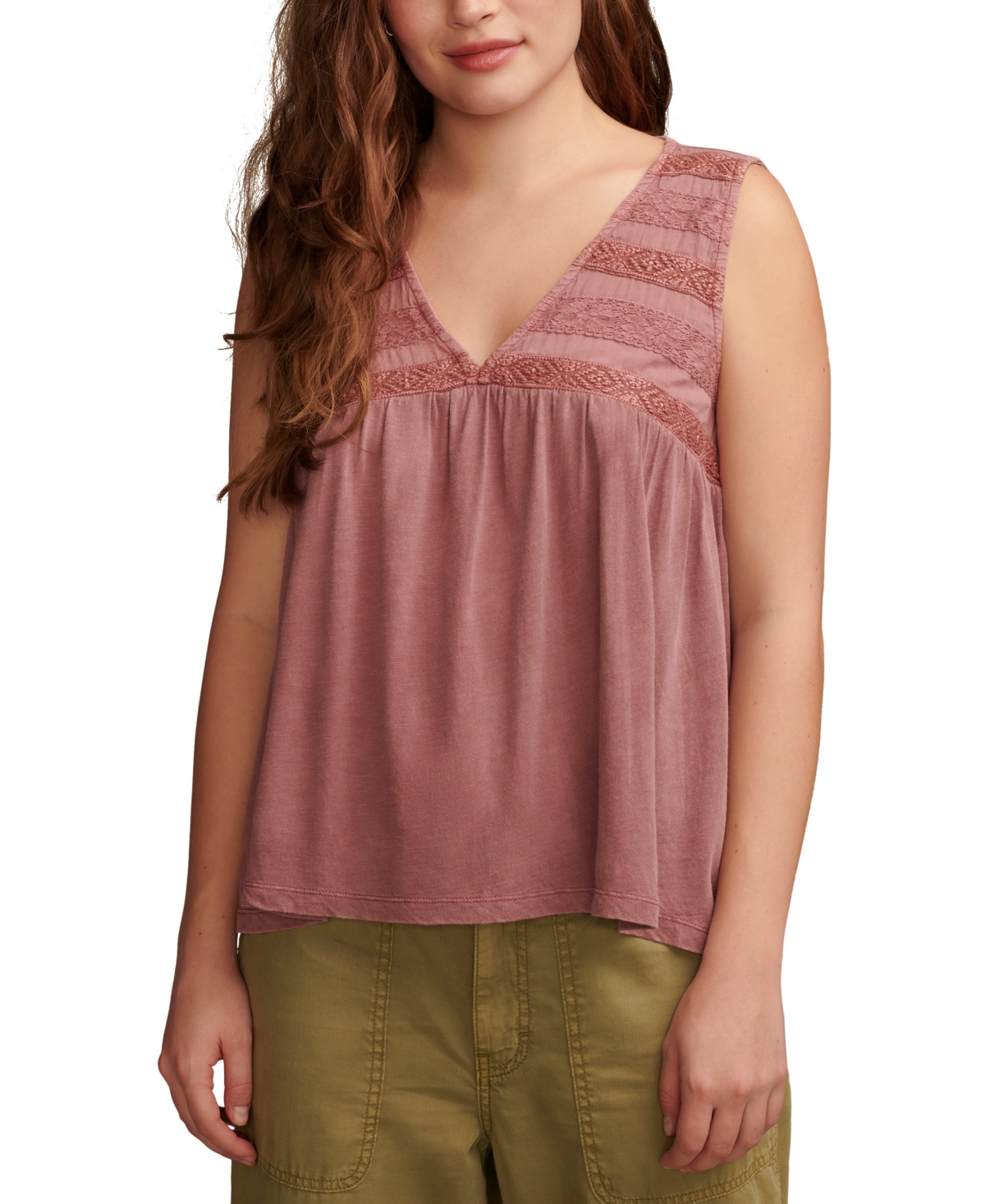 Shop Lucky Brand Women's Lace-trim Sleeveless Tunic Tank Top In Rose Brown