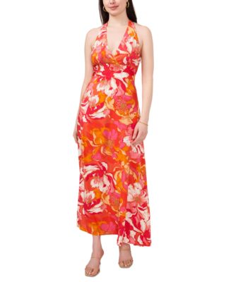 1.STATE Women's Floral Print Sleeveless Halter Maxi Dress