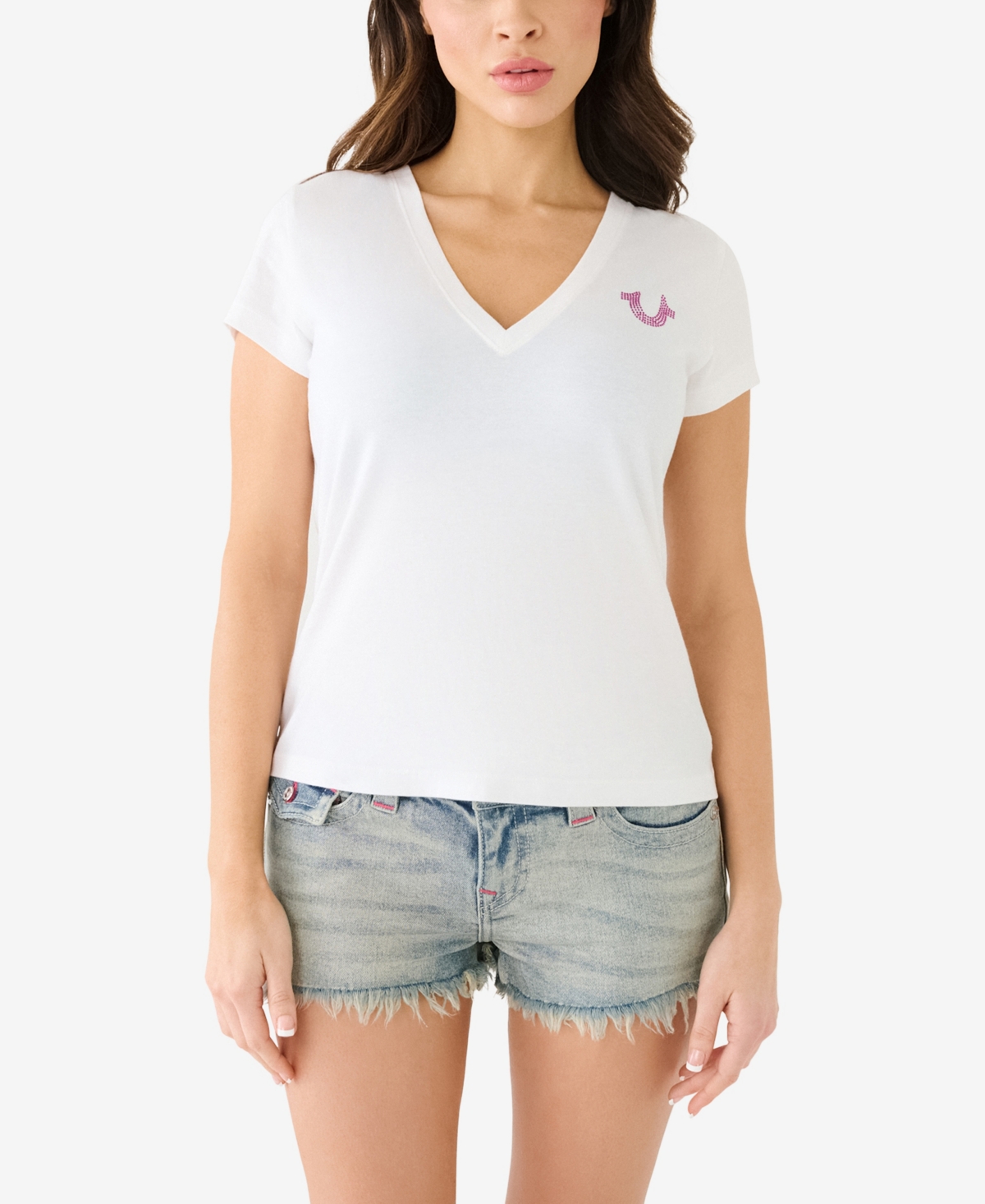 True Religion Women's Shorts Sleeve Ombre Crystal Horseshoe V-neck T-shirt In Optic White