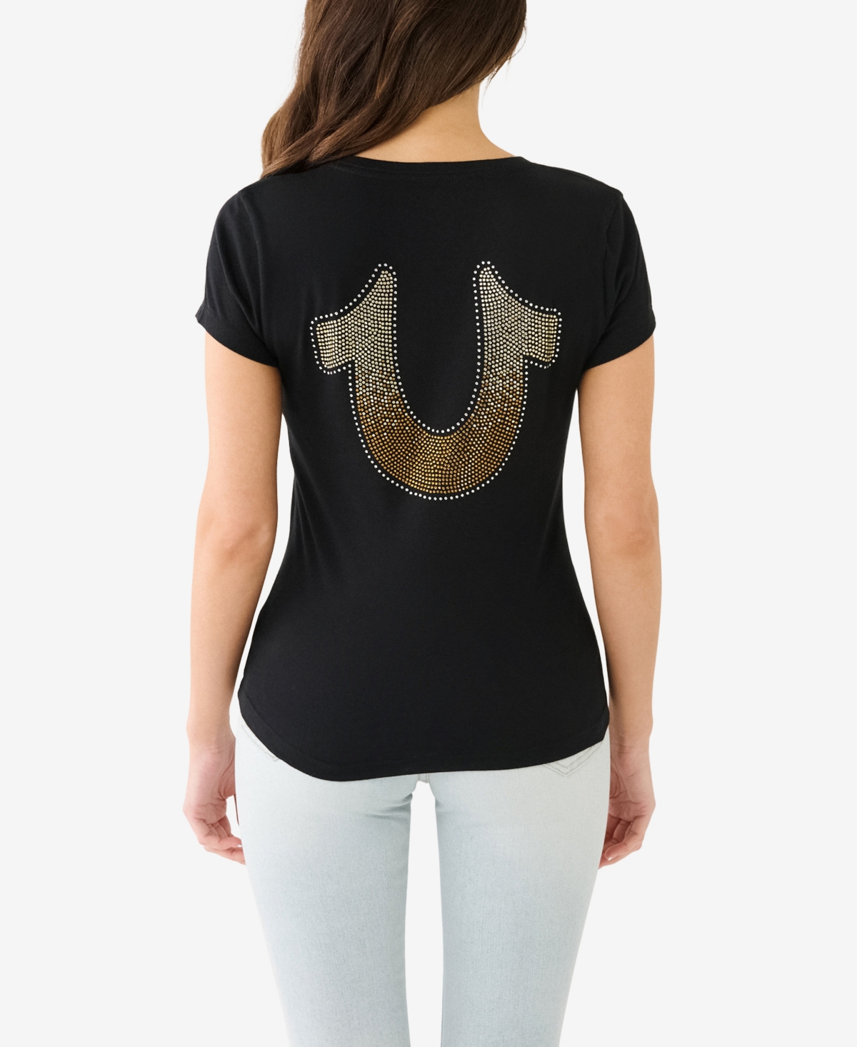 True Religion Women's Shorts Sleeve Ombre Crystal Horseshoe V-neck T-shirt