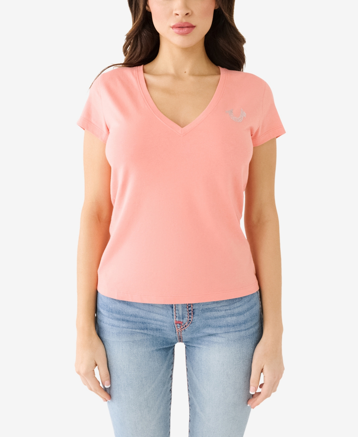 Women's Shorts Sleeve Ombre Crystal Horseshoe V-neck T-shirt - Burnt Coral