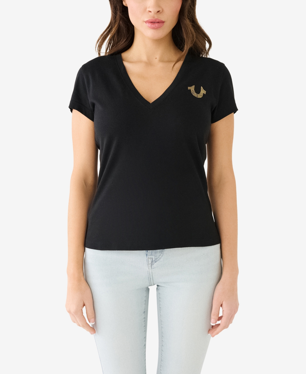 True Religion Women's Shorts Sleeve Ombre Crystal Horseshoe V-neck T-shirt In Jet Black
