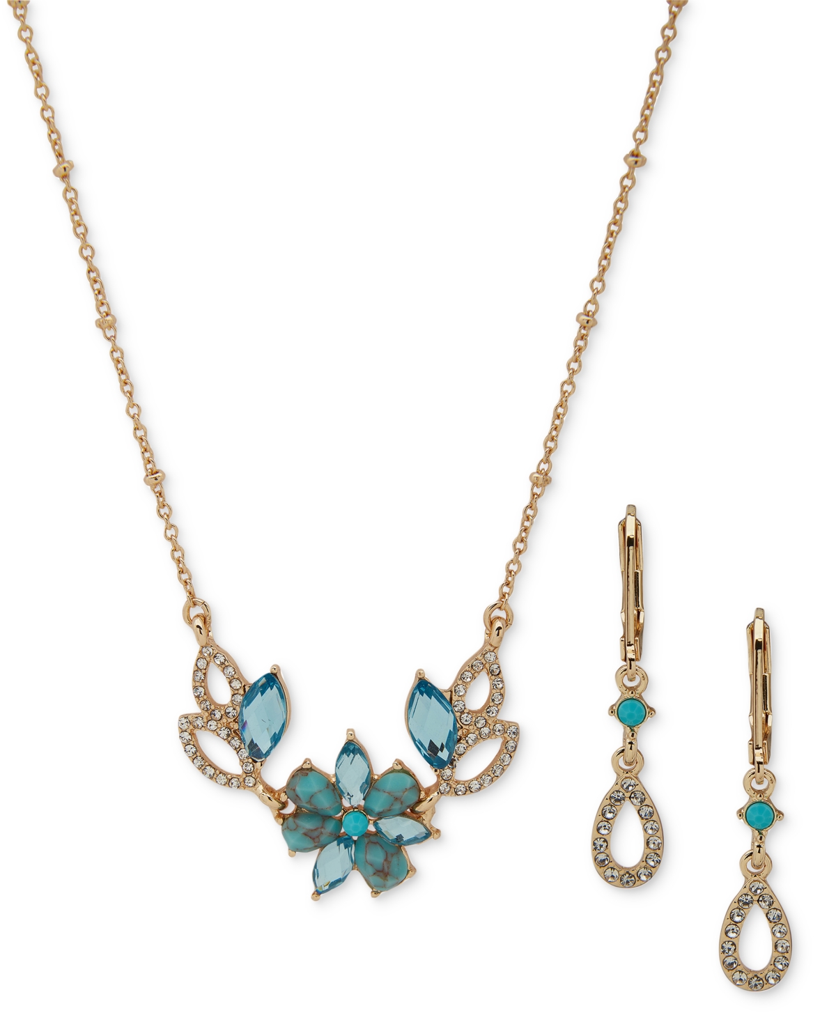 Shop Anne Klein Gold-tone Floral Cluster Drop Earrings & Pendant Necklace Set, 16" + 3" Extender In Turquoise