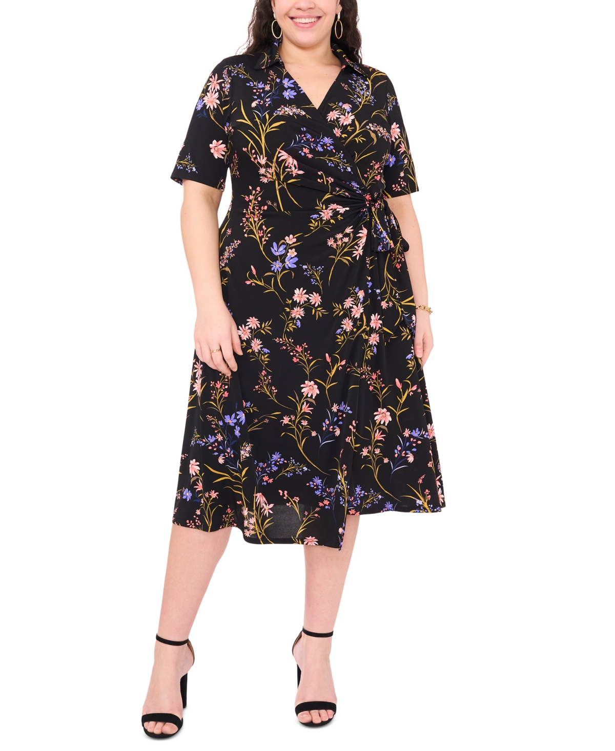 Plus Size Floral-Print Wrap Midi Dress - Rich Black