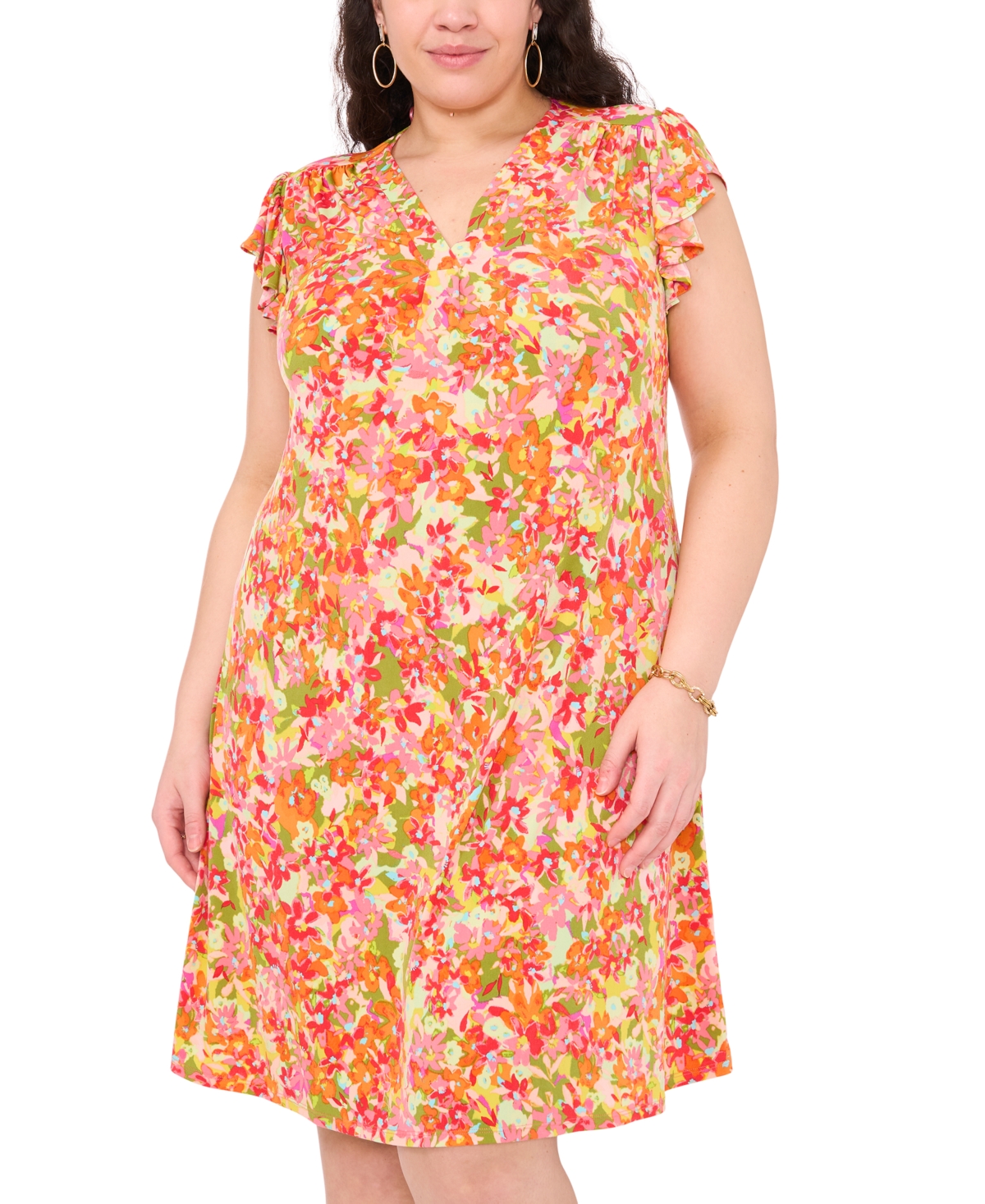 Shop Msk Plus Size Floral-print Flutter-sleeve Shift Dress In Paradise