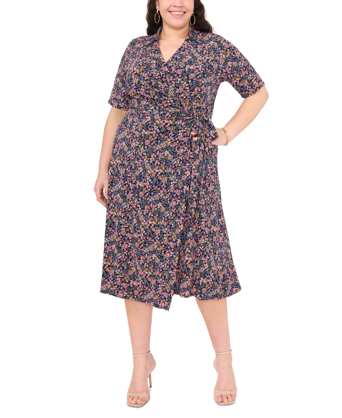 Plus Size Floral-Print Wrap Midi Dress - Navy/multi