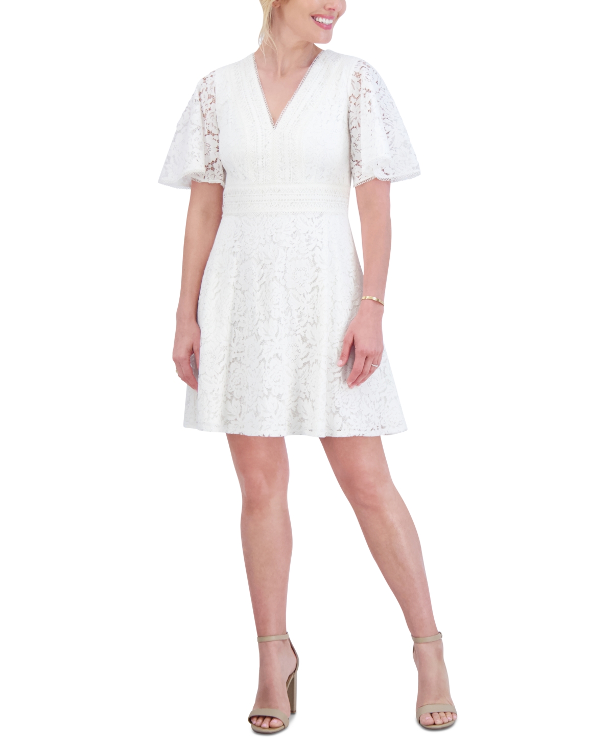 Petite Lace Flutter-Sleeve Fit & Flare Dress - Ivory