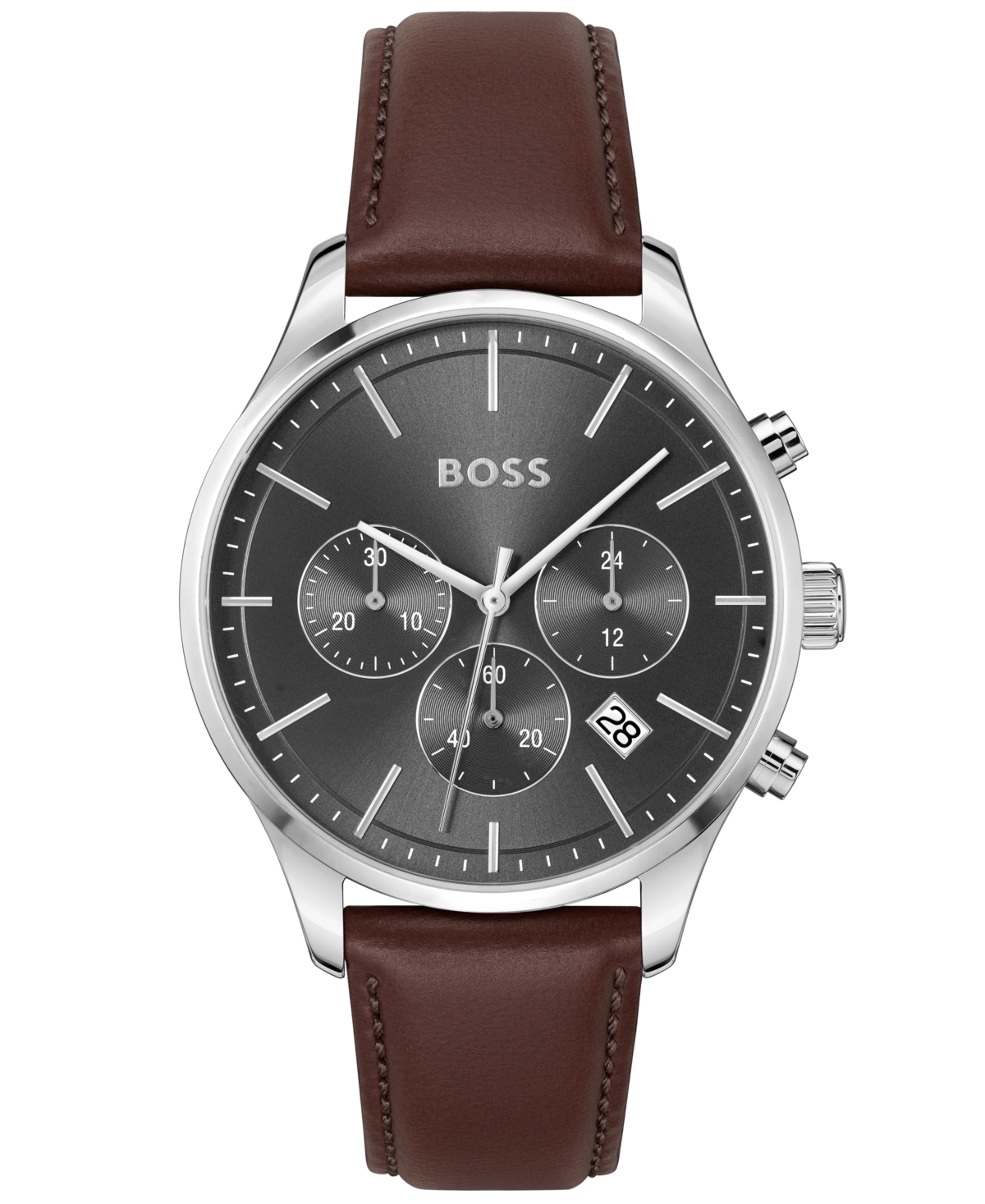 Shop Hugo Boss Men's Chronograph Avery Brown Leather Strap Watch 42mm In Gray Dial