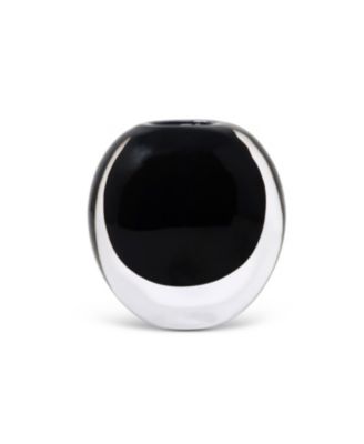 Black Glass Vase with Black Inlay and Pink Flowers