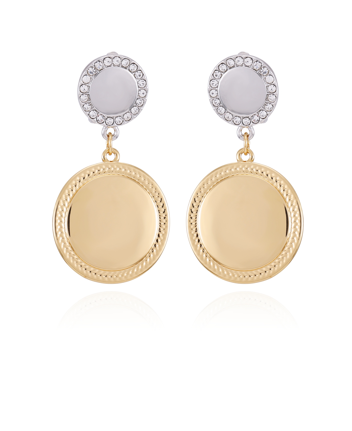 Shop T Tahari Two-tone Glass Stone Circle Coin Drop Clip On Earrings In Gold