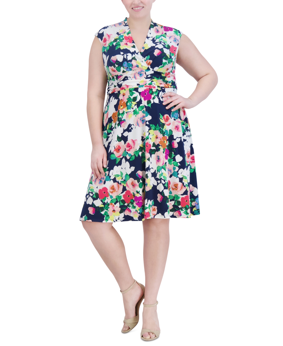 Plus Size Floral Surplice-Neck Dress - Navy/Ivory