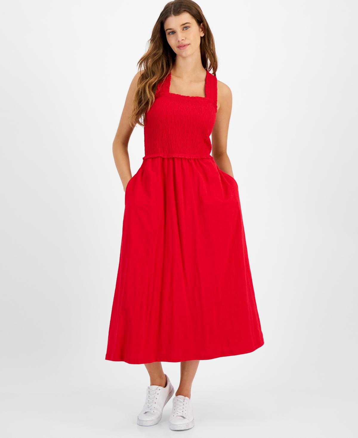 Shop Tommy Hilfiger Women's Square-neck Cotton A-line Dress In Scarlet