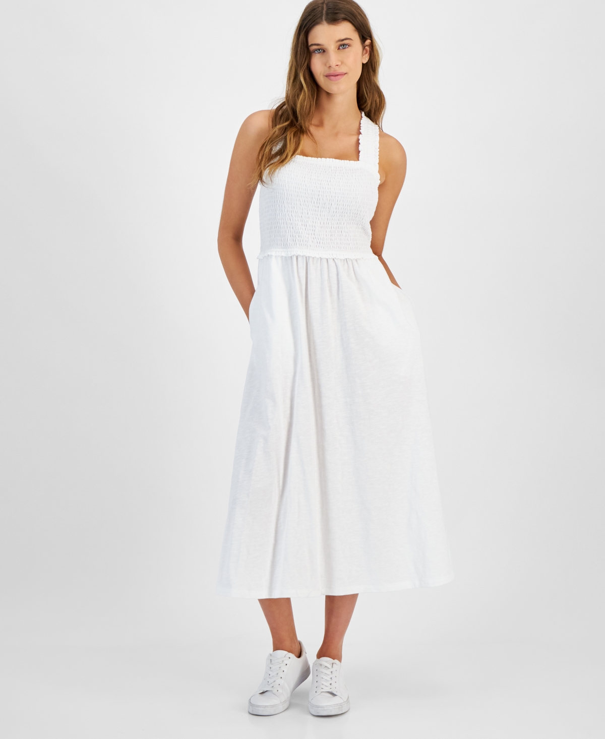Shop Tommy Hilfiger Women's Square-neck Cotton A-line Dress In Brt White