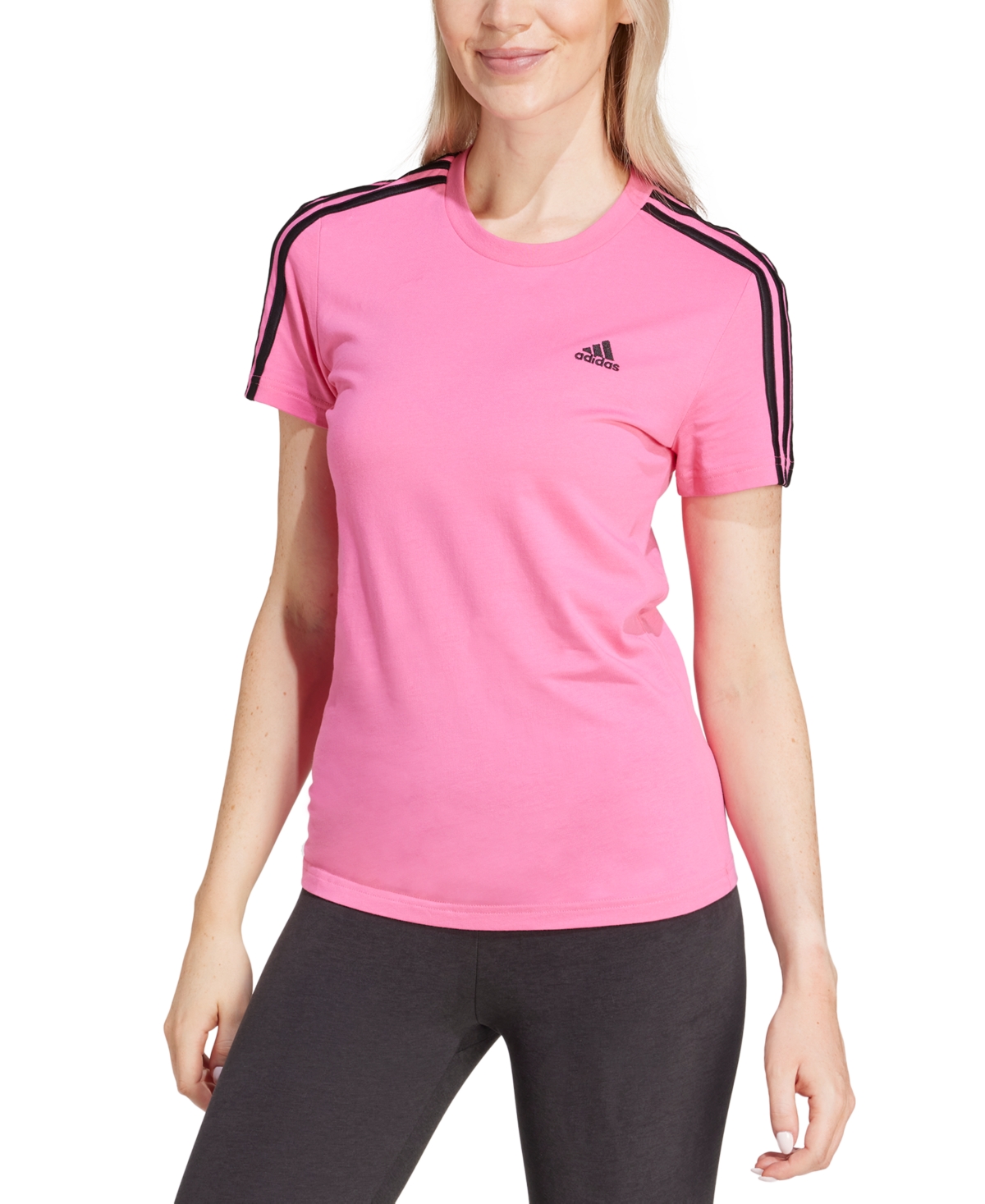 Shop Adidas Originals Women's Essentials Cotton 3 Stripe T-shirt In Pulse Magenta,black