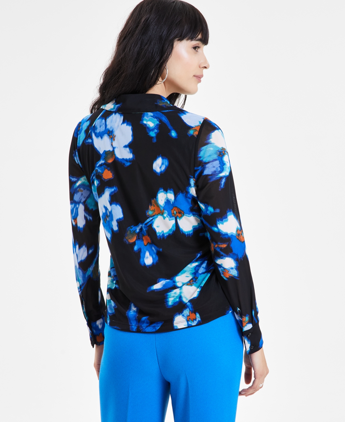 Shop Bar Iii Women's Floral-print Triple Mesh Shirt, Created For Macy's In Black,french Blue