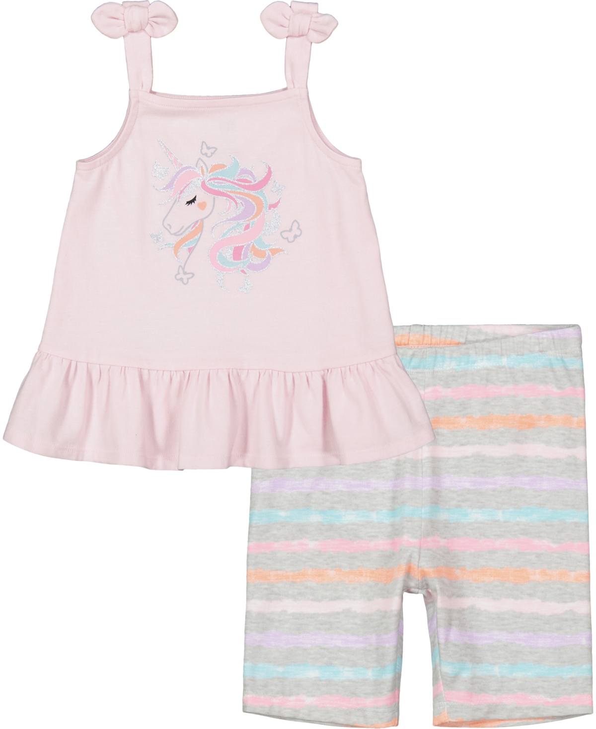 Kids Headquarters Kids' Toddler Girls Unicorn Tank Top And Crayon-stripe Bike Shorts Set In Pink