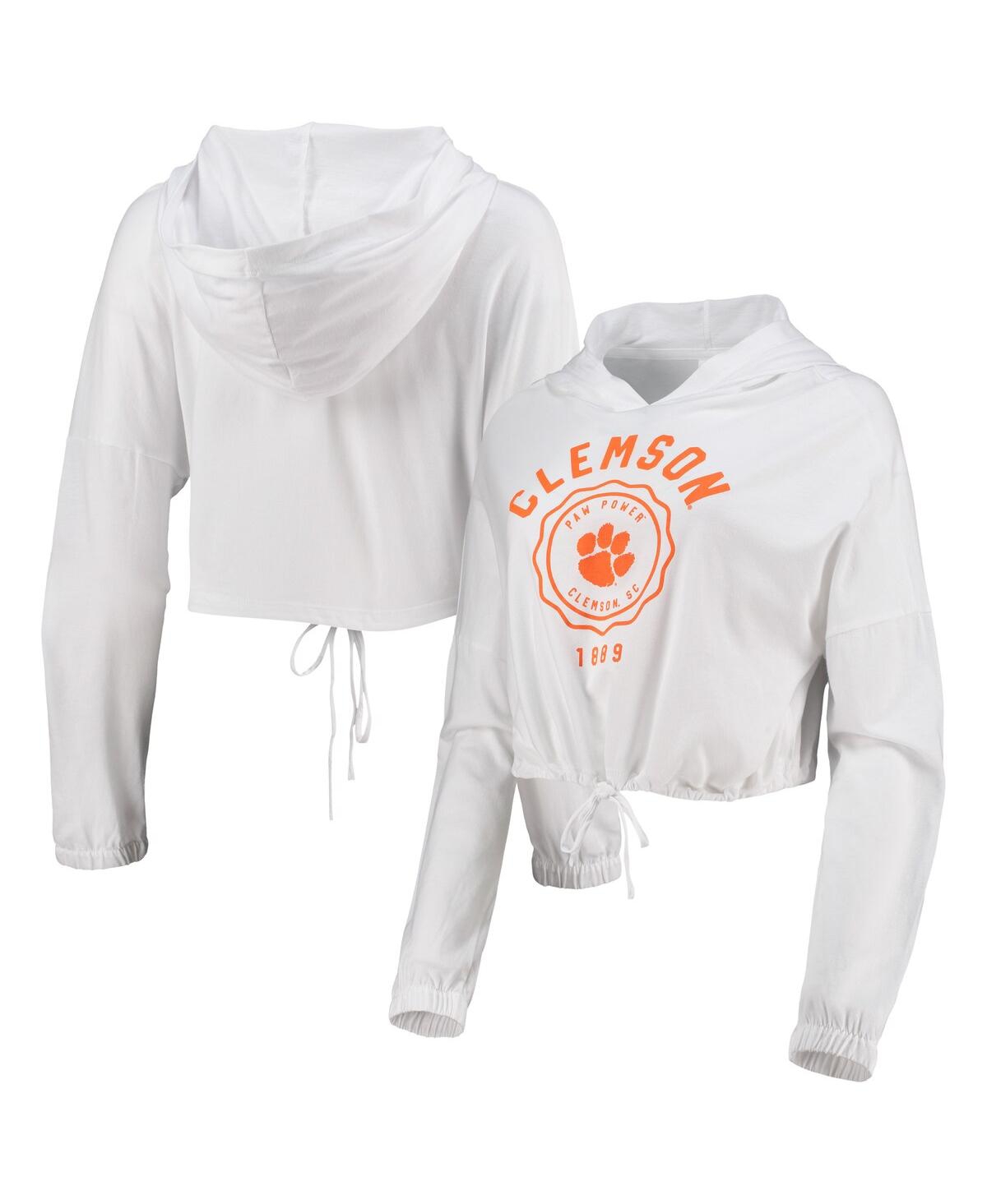 Women's White Clemson Tigers Poppy Cinched Cropped Hoodie Long Sleeve T-shirt - White