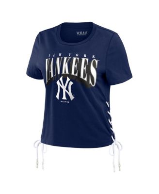 Women's Navy New York Yankees Side Lace-Up Cropped T-shirt