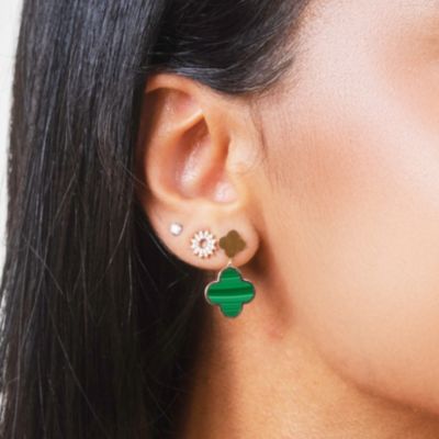 Malachite and Gold Clover Drop Earrings 14K Gold