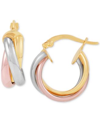 Italian Gold - Polished Tube Crossover Small Hoop Earrings in 14k Tricolor Gold, 0.79"