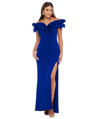 XSCAPE Petite Ruched Side-Slit Long Sheath Dress - Macy's