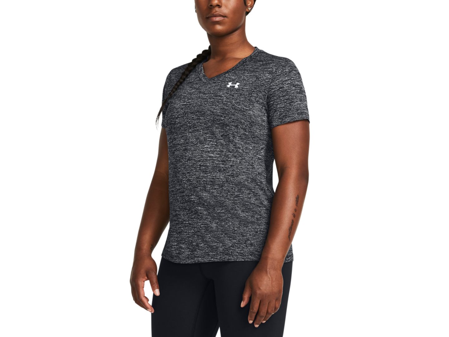 Женский топ Under Armour Twist Tech V-Neck Short-Sleeve Top, цвет: Чёрный / Белый — фото 1