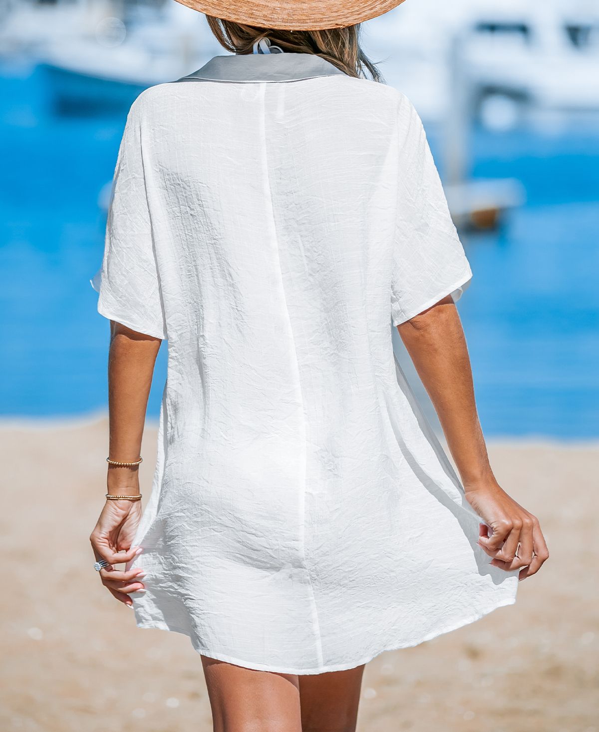 Cupshe Women'sPlunging Collared Neck Twist Cover-Up Beach Dress - White