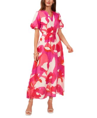 Vince Camuto Women's Printed Split-Neck Puff-Sleeve Dress - Macy's