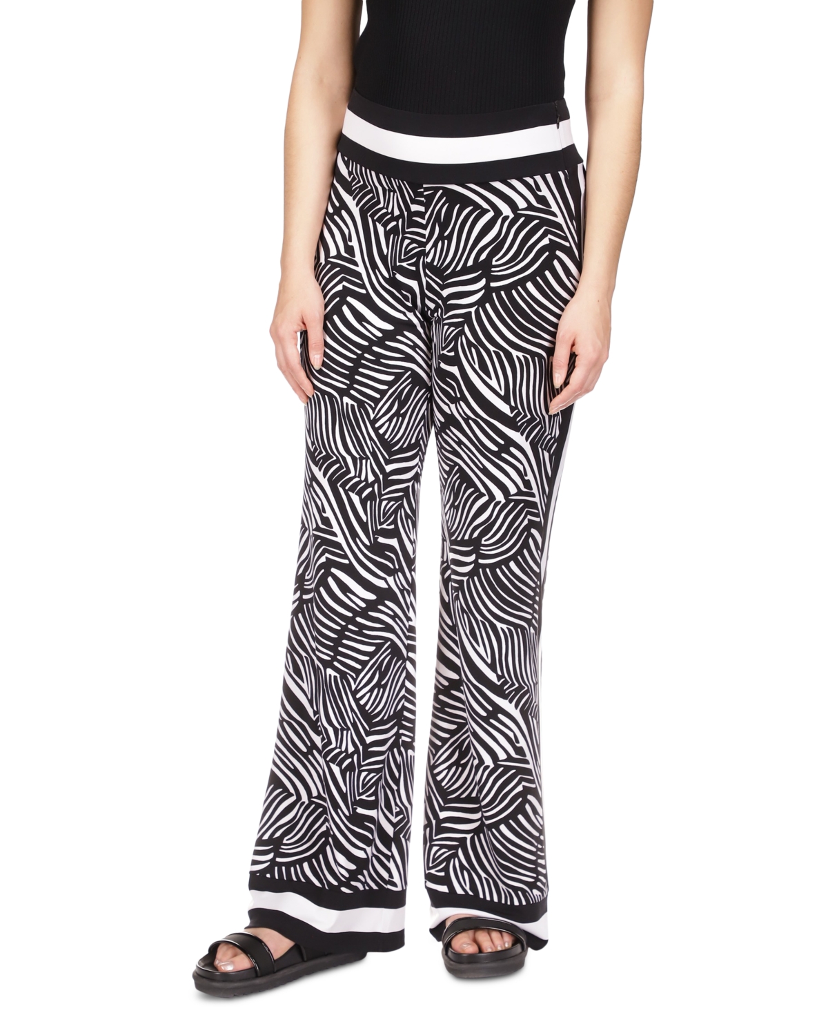 Shop Michael Kors Michael  Petite Zebra-print Border-hem Wide-leg Pants In Black,white