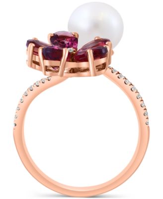 EFFY&reg; Freshwater Pearl (8mm), Pink Tourmaline (5-1/2 ct. t.w.) & Diamond (1/8 ct. t.w.) Flower Bypass Ring in 14k Rose Gold