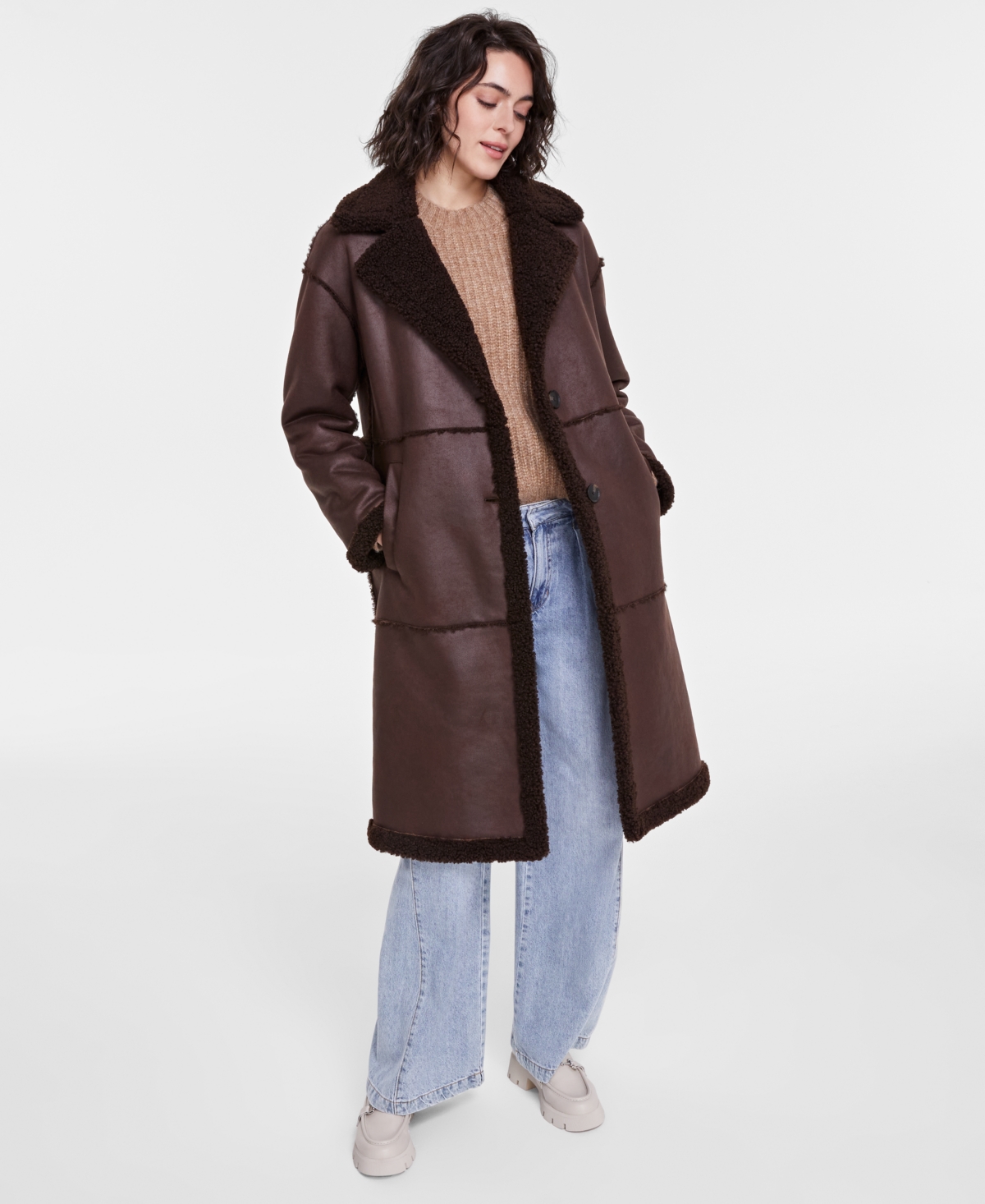 Women's Single-Breasted Faux-Shearling Coat - Pearl