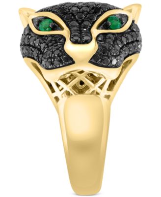 EFFY&reg; Black Diamond (1-3/4 ct. t.w.) & Emerald (1/10 ct. t.w.) Panther Head Ring in 14k Gold