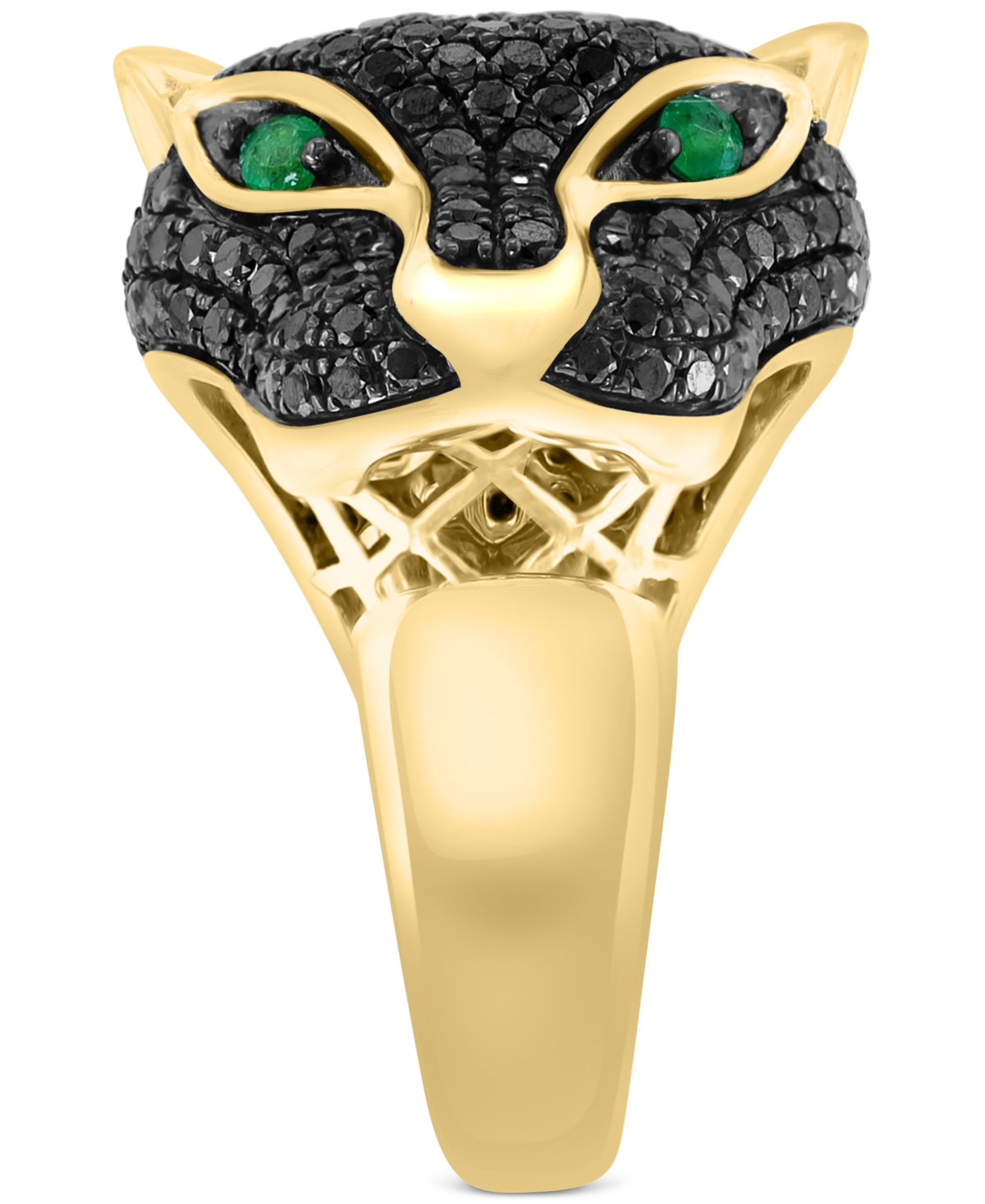 Effy Collection Effy Black Diamond (1-3/4 Ct. T.w.) & Emerald (1/10 Ct. T.w.) Panther Head Ring In 14k Gold In Yellow Gol