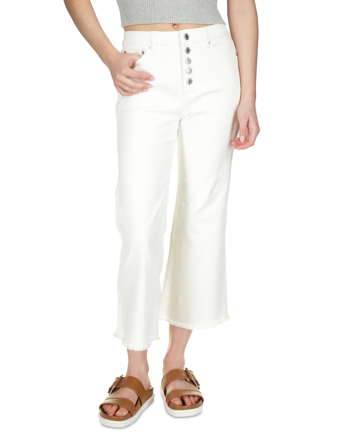 Michael Michael Kors Petite Multi-Button Frayed-Hem Cropped Denim Jeans - Optic White