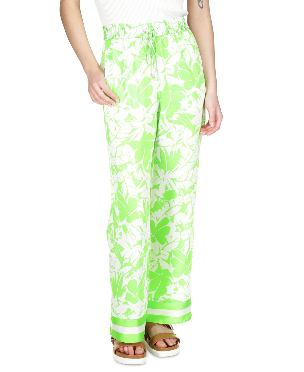 Shop Michael Kors Michael  Petite Palm-print Lush Pull-on Pants In Green Apple
