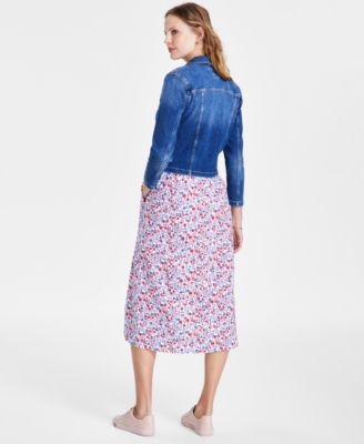 Shop Tommy Hilfiger Womens Smocked Floral Print Cotton Midi Dress Denim Jacket In Chespk Wash