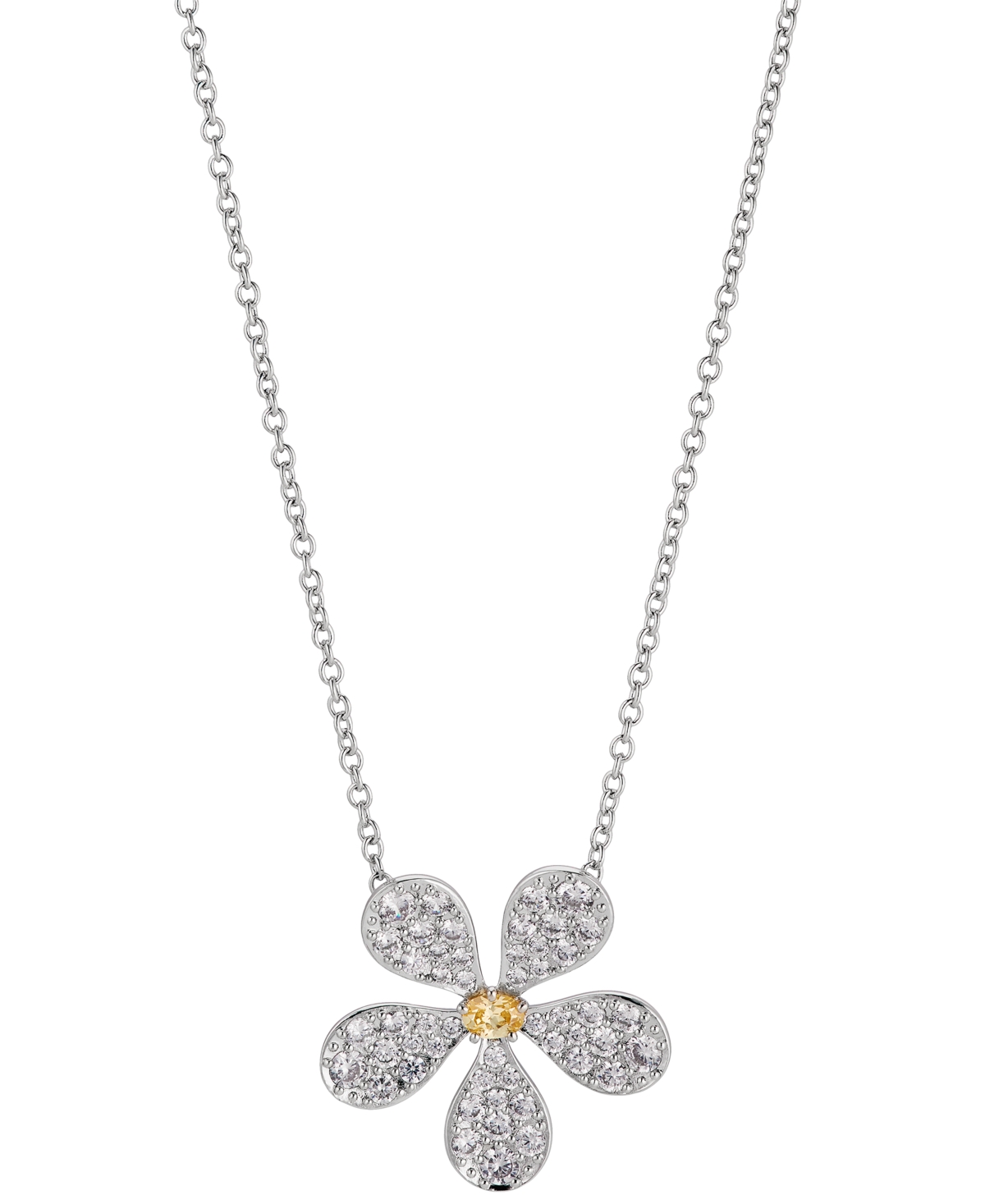 Rhodium-Plated Cubic Zirconia Daisy Pendant Necklace, 16" + 2" extender, Created for Macy's - Rhodium