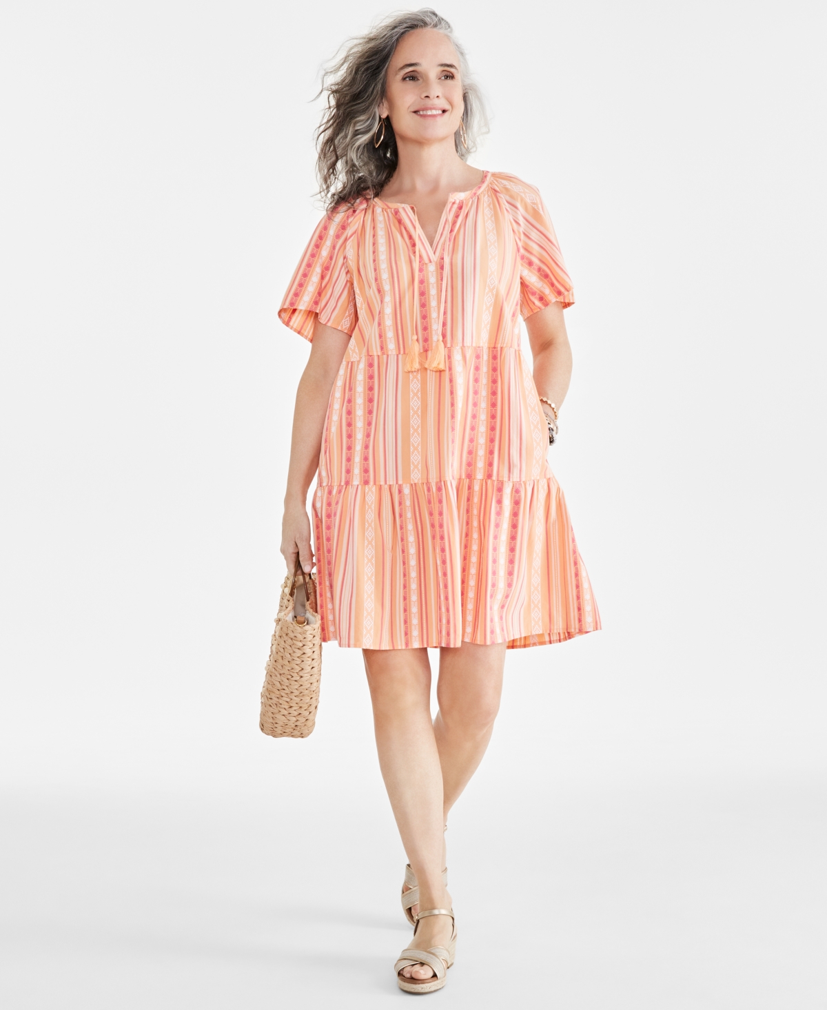 Style & Co Women's Stripe Split-neck Tiered Dress, Created For Macy's In Orange Stripe