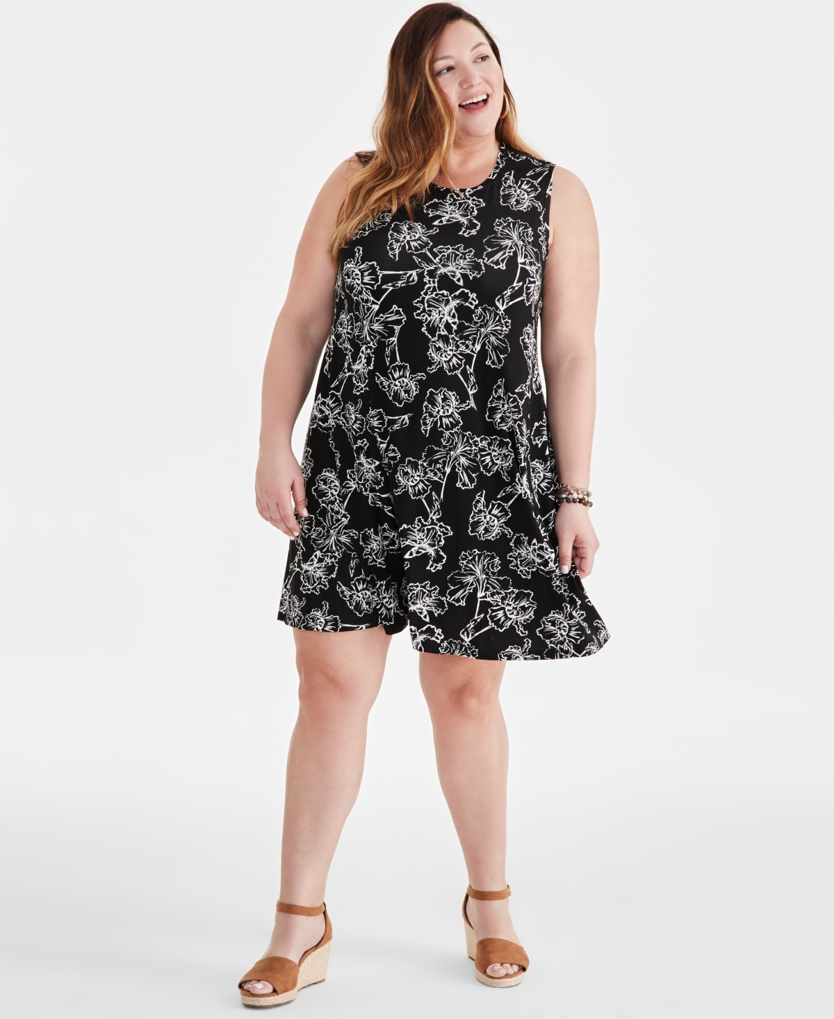 Shop Style & Co Plus Size Printed Sleeveless Flip Flop Dress, Created For Macy's In Iris Black